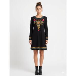 Double D Ranch Black Embroidery Dress Birds Floral Boho Western Beaded Accents L